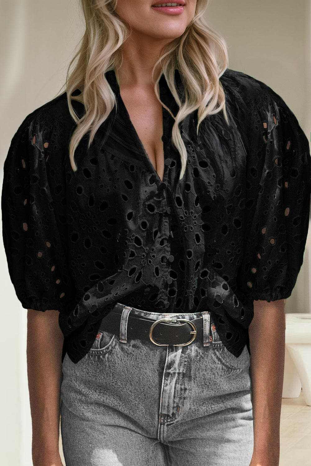 Elegant eyelet blouse - cotton, button-up - Love Salve